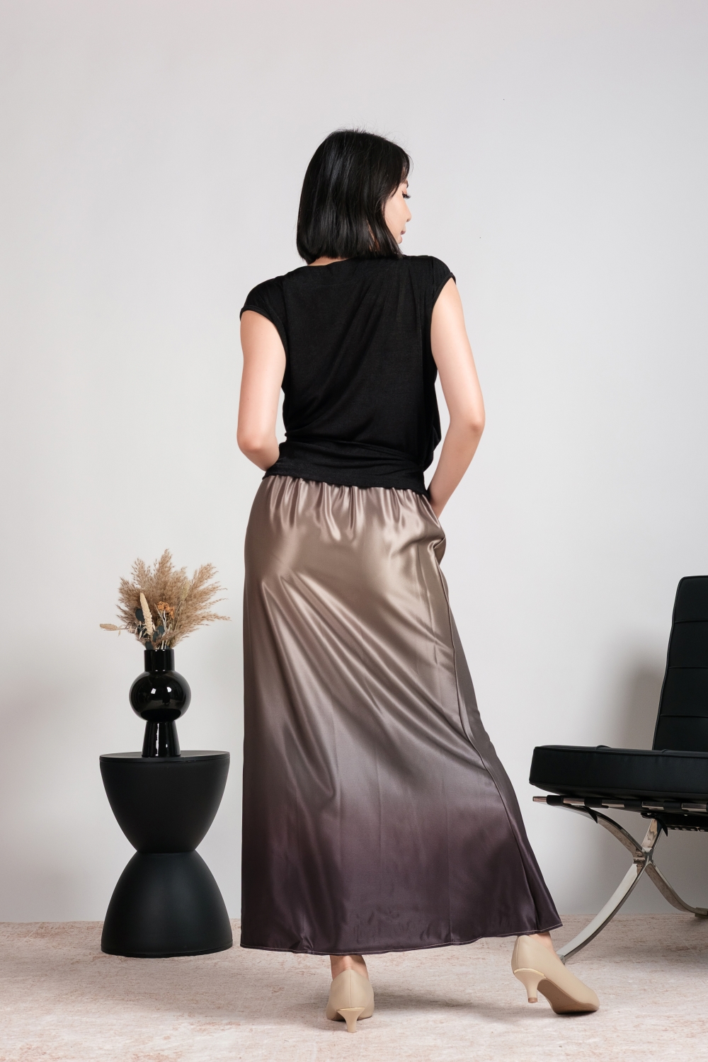 Ombre Satin Maxi Skirt - Taupe Black - Image 5