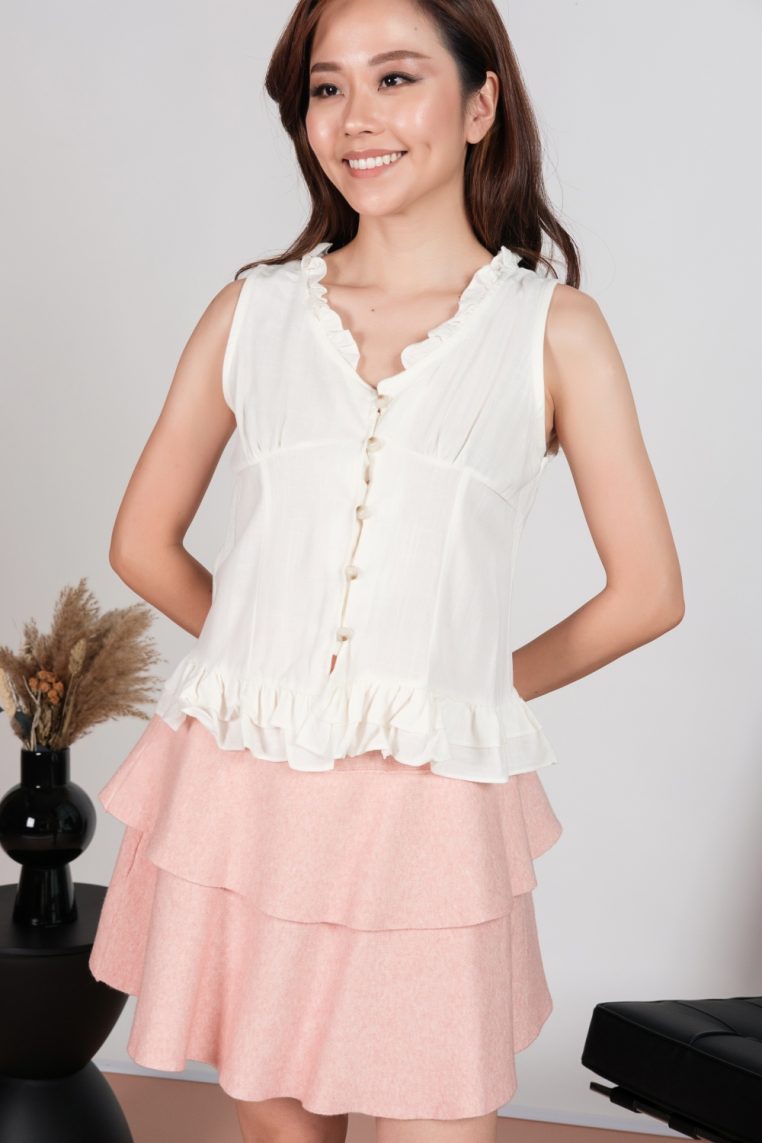 Linen Ruffle Button Sleeveless Shirt - Off White