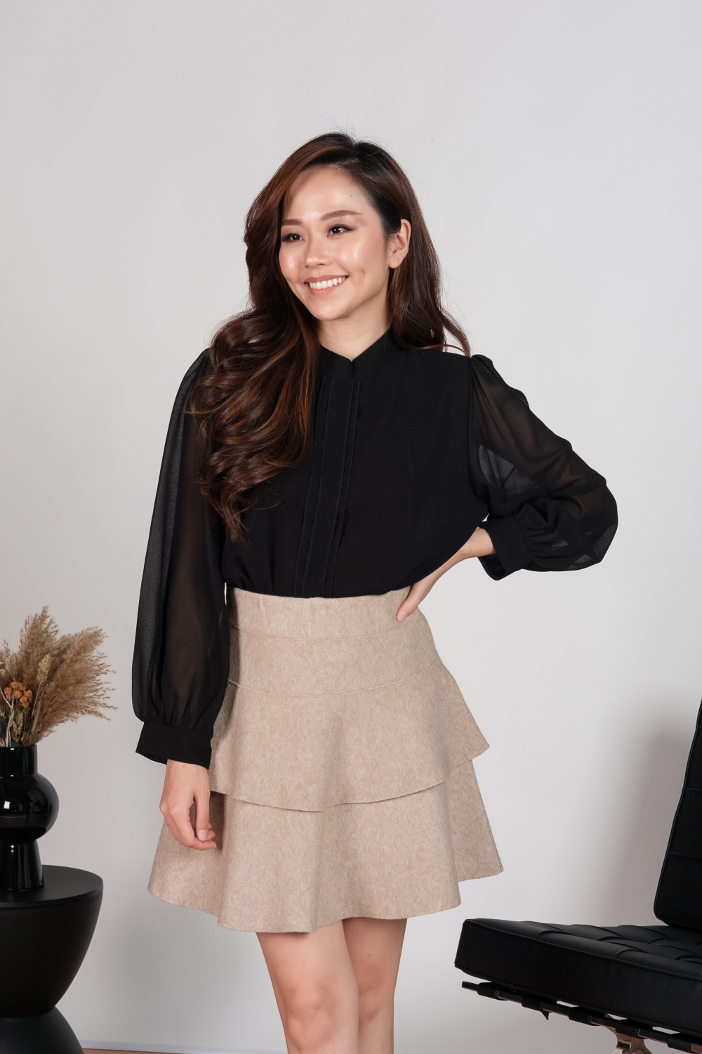 Long Sleeve Pleat Front Blouse - Black