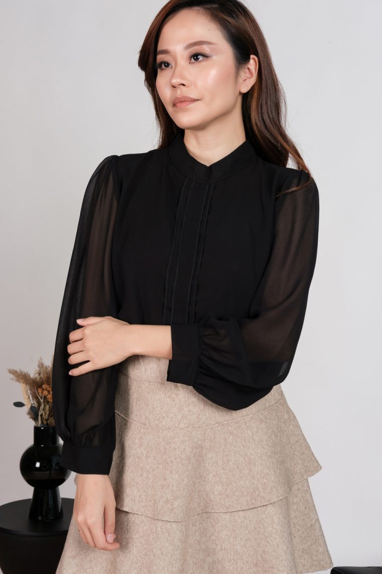 Long Sleeve Pleat Front Blouse - Black - Image 5