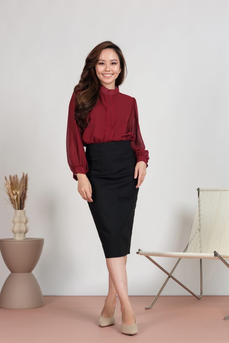 Long Sleeve Pleat Front Blouse - Maroon - Image 3