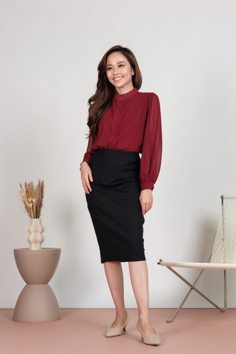 Long Sleeve Pleat Front Blouse - Maroon - Image 4