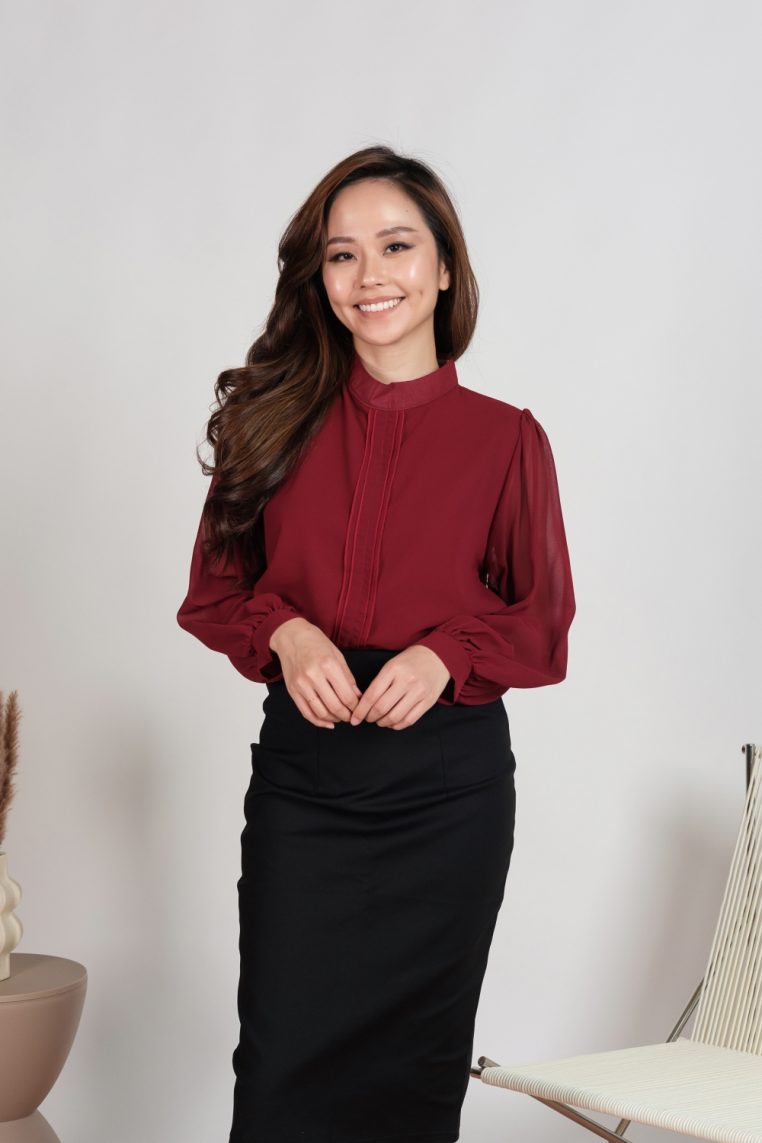 Long Sleeve Pleat Front Blouse - Maroon - Image 6
