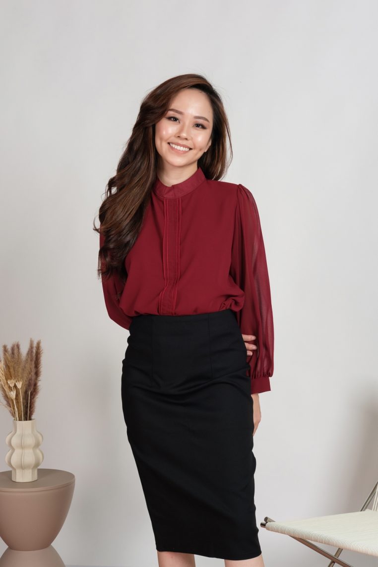 Long Sleeve Pleat Front Blouse - Maroon - Image 8