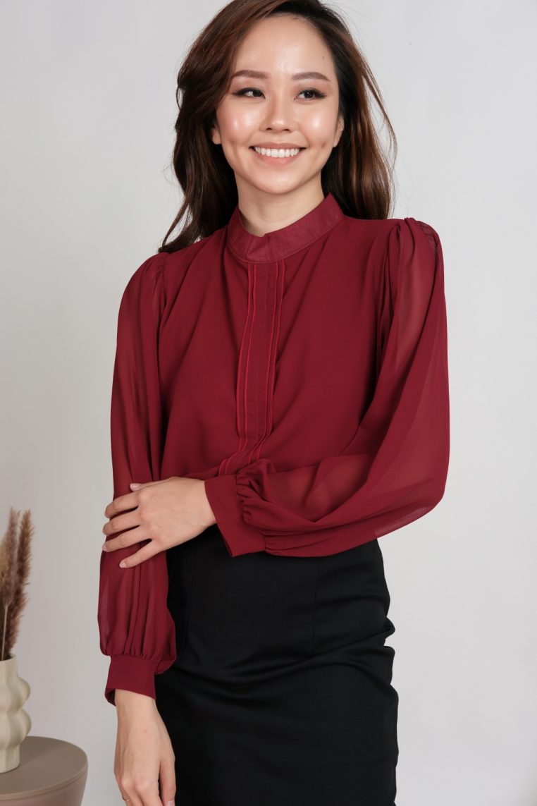 Long Sleeve Pleat Front Blouse - Maroon