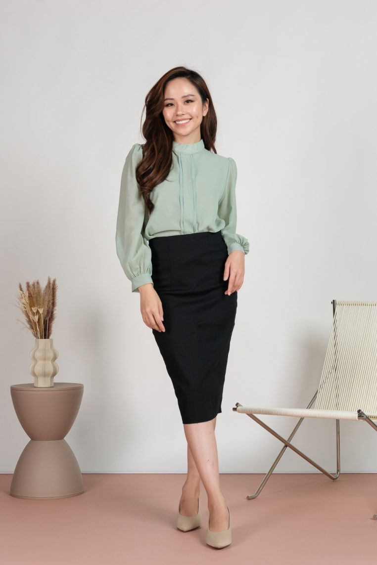 Long Sleeve Pleat Front Blouse - Mint - Image 3
