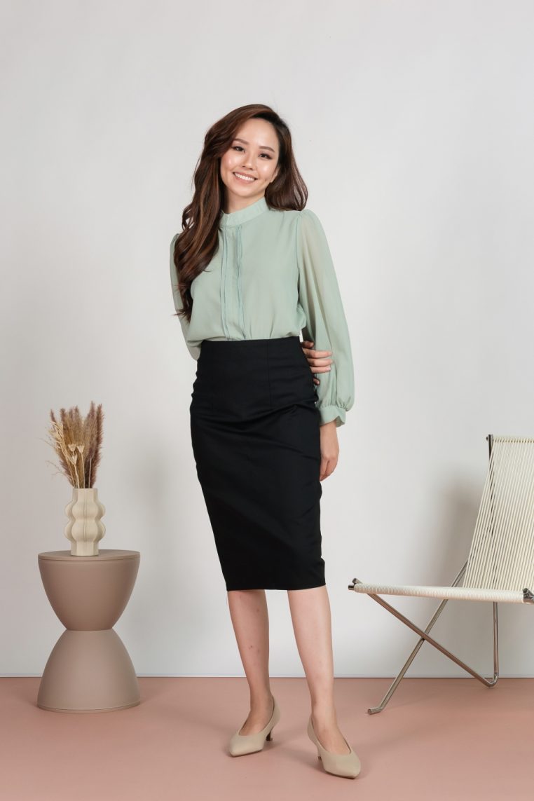 Long Sleeve Pleat Front Blouse - Mint - Image 2