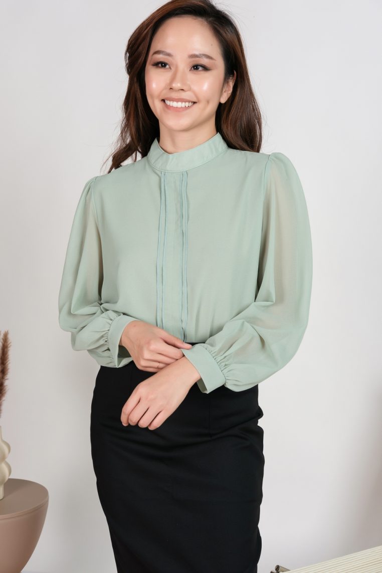 Long Sleeve Pleat Front Blouse - Mint - Image 8