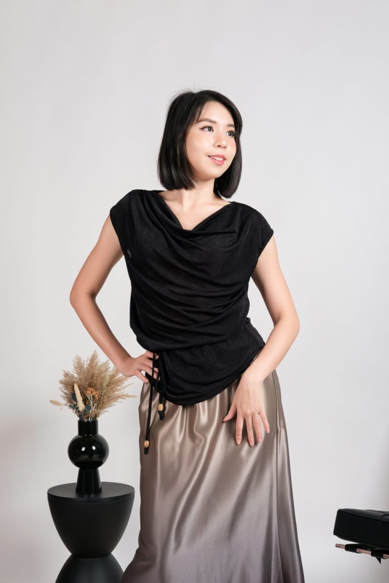Soft Cowl Neck Blouse with Sash - Black - Image 4
