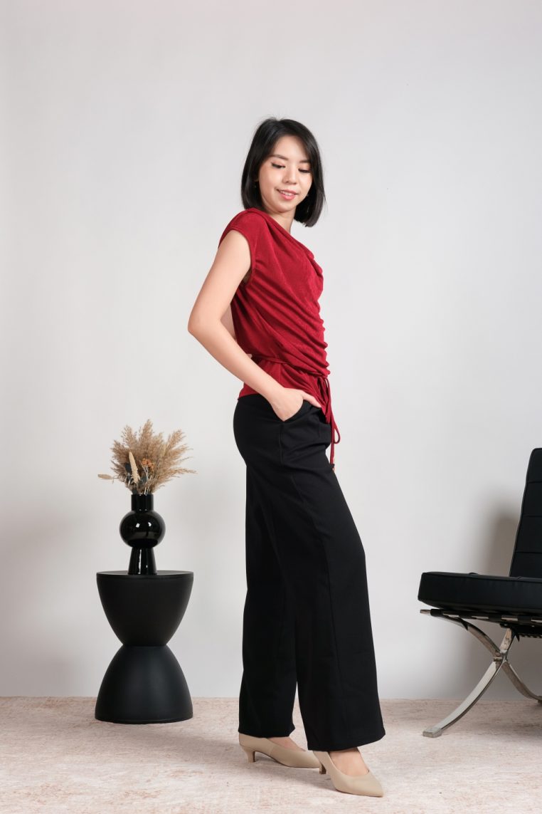 Soft Cowl Neck Blouse with Sash - Maroon - Image 5