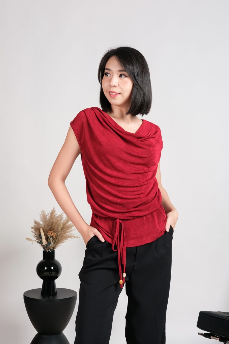 Soft Cowl Neck Blouse with Sash - Maroon