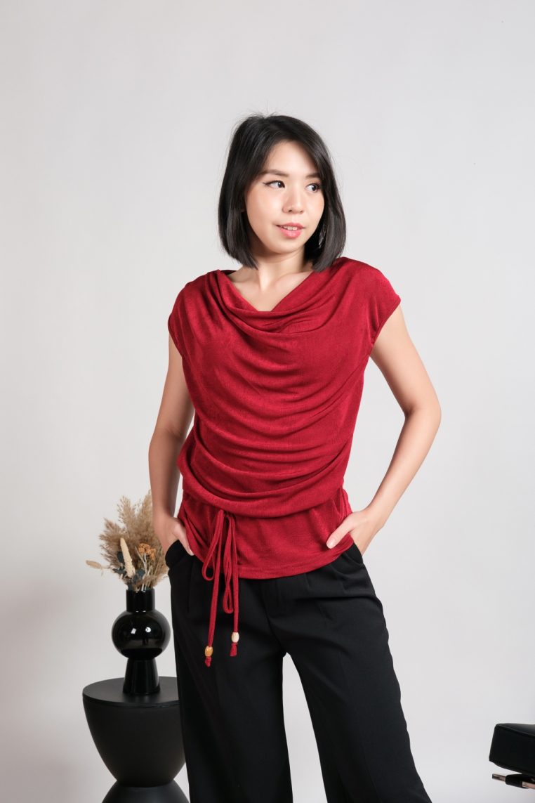 Soft Cowl Neck Blouse with Sash - Maroon - Image 8