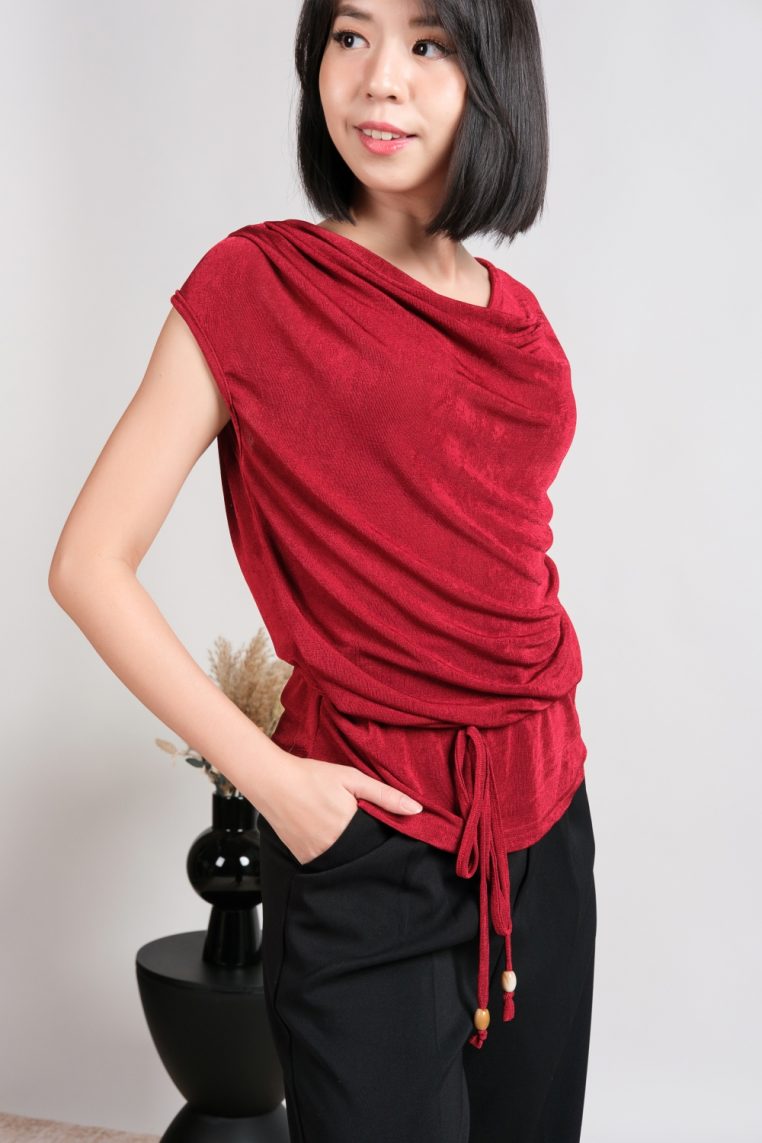Soft Cowl Neck Blouse with Sash - Maroon - Image 9