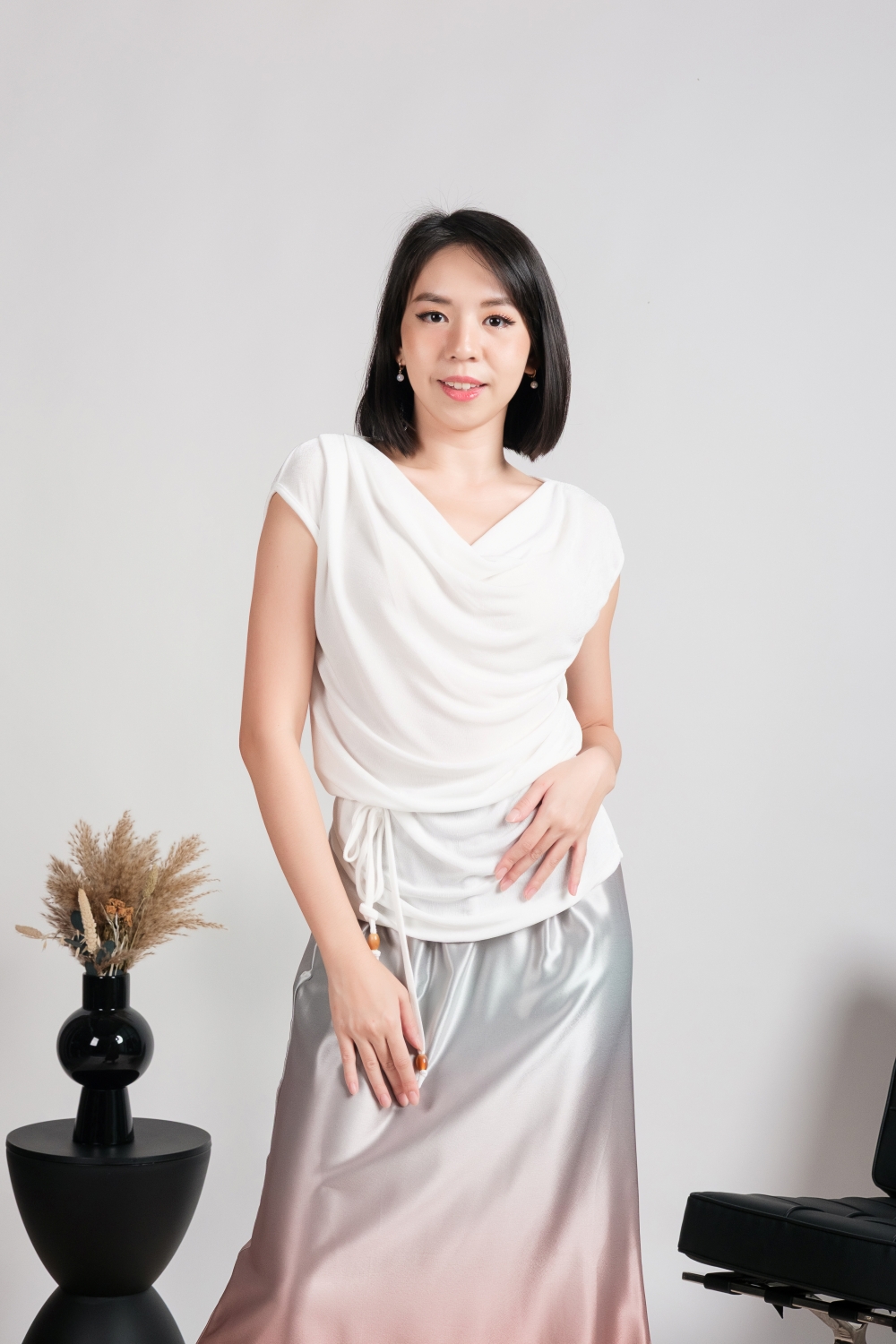 Soft Cowl Neck Blouse with Sash - White - Image 4