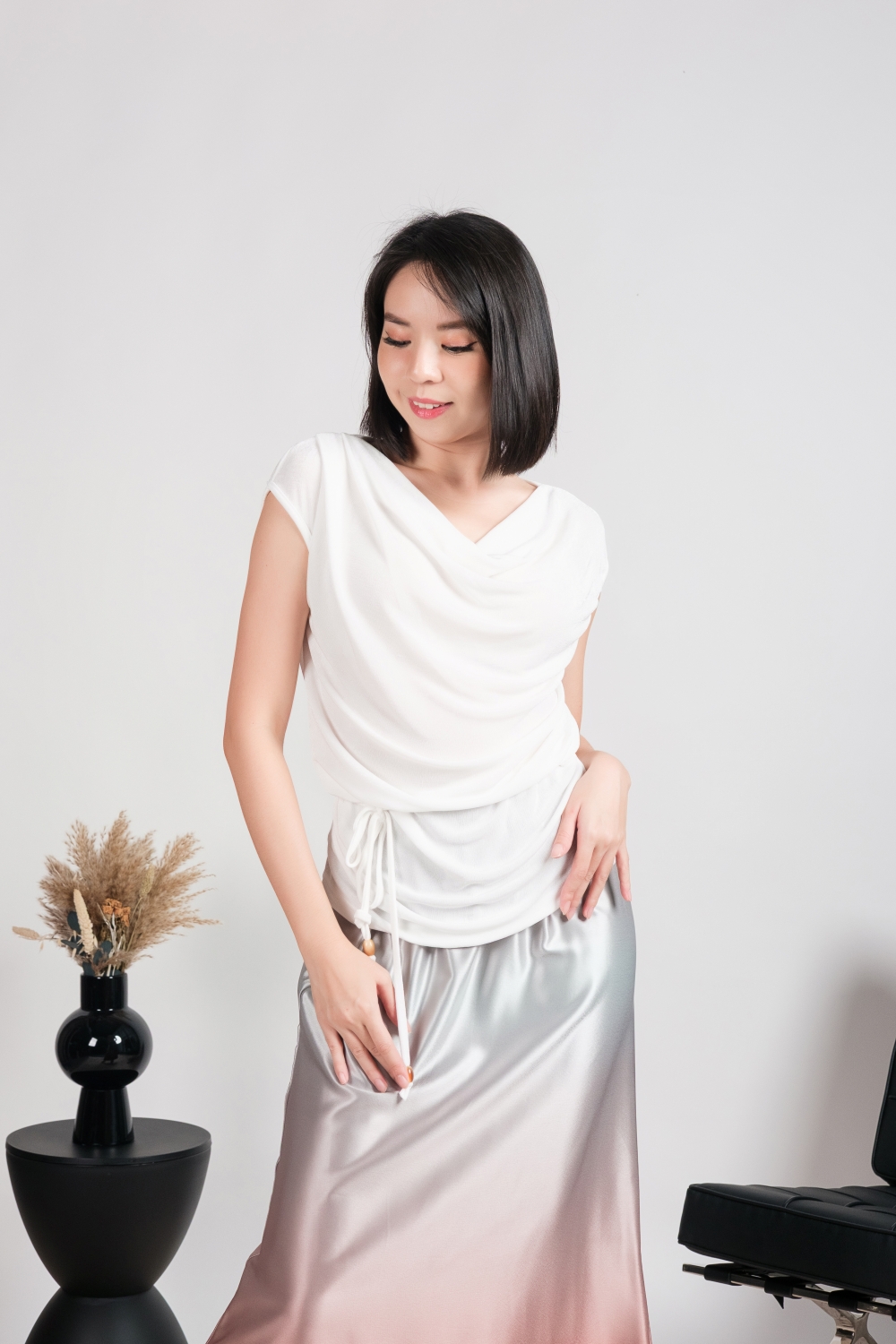 Soft Cowl Neck Blouse with Sash - White - Image 2