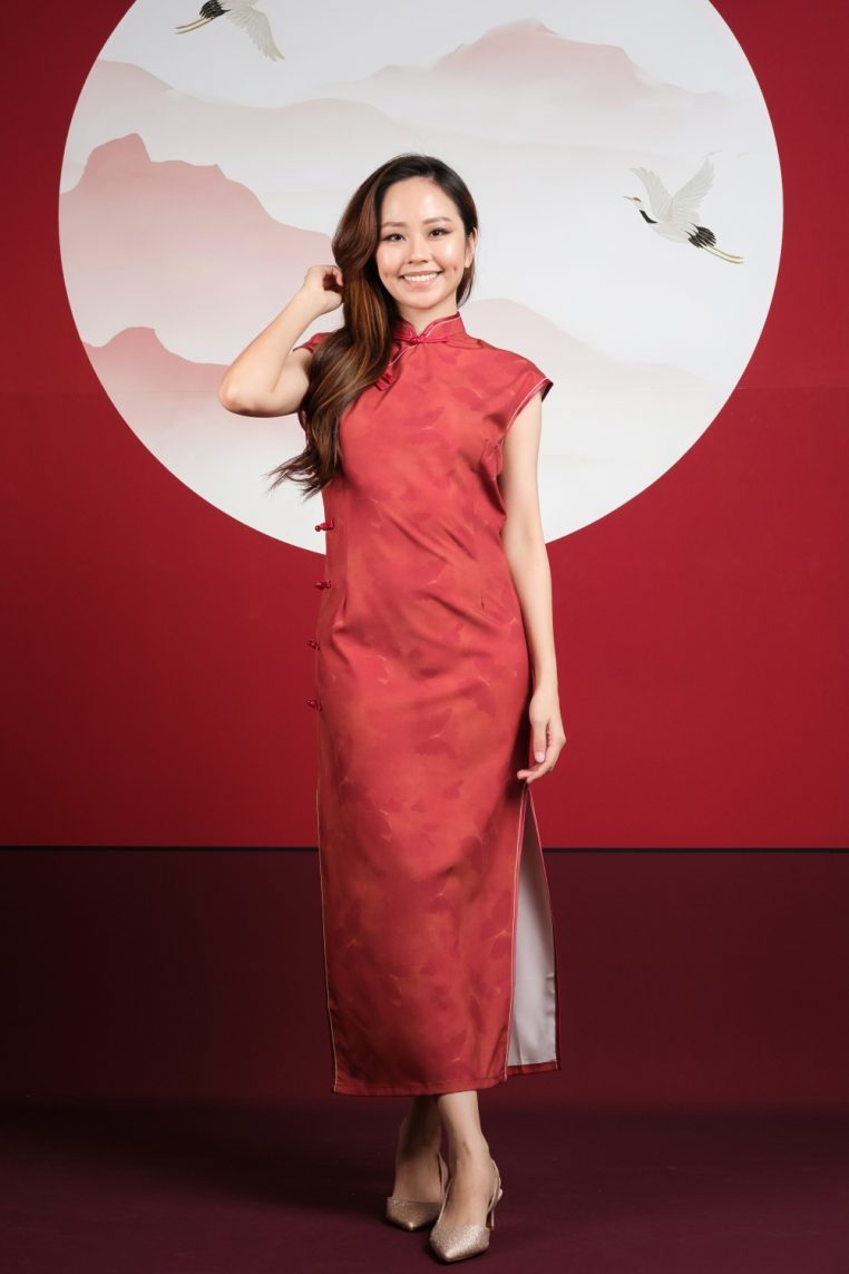 Crimson Butterfly Print Maxi Cheongsam - Image 3