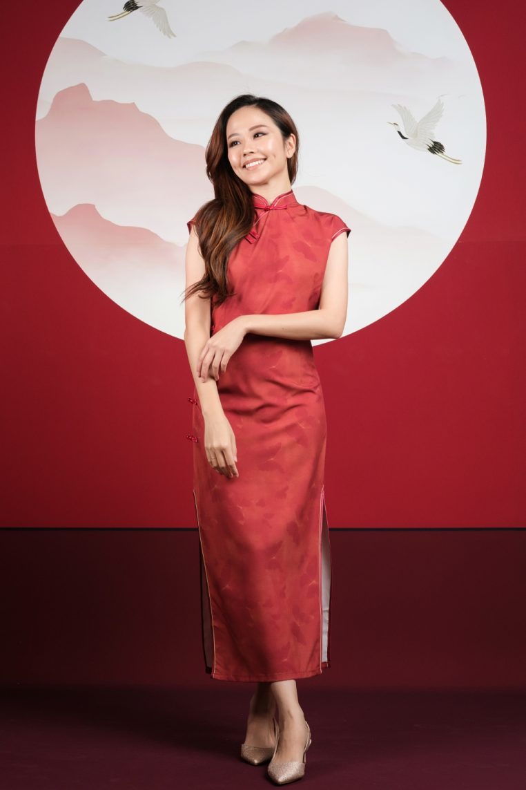 Crimson Butterfly Print Maxi Cheongsam