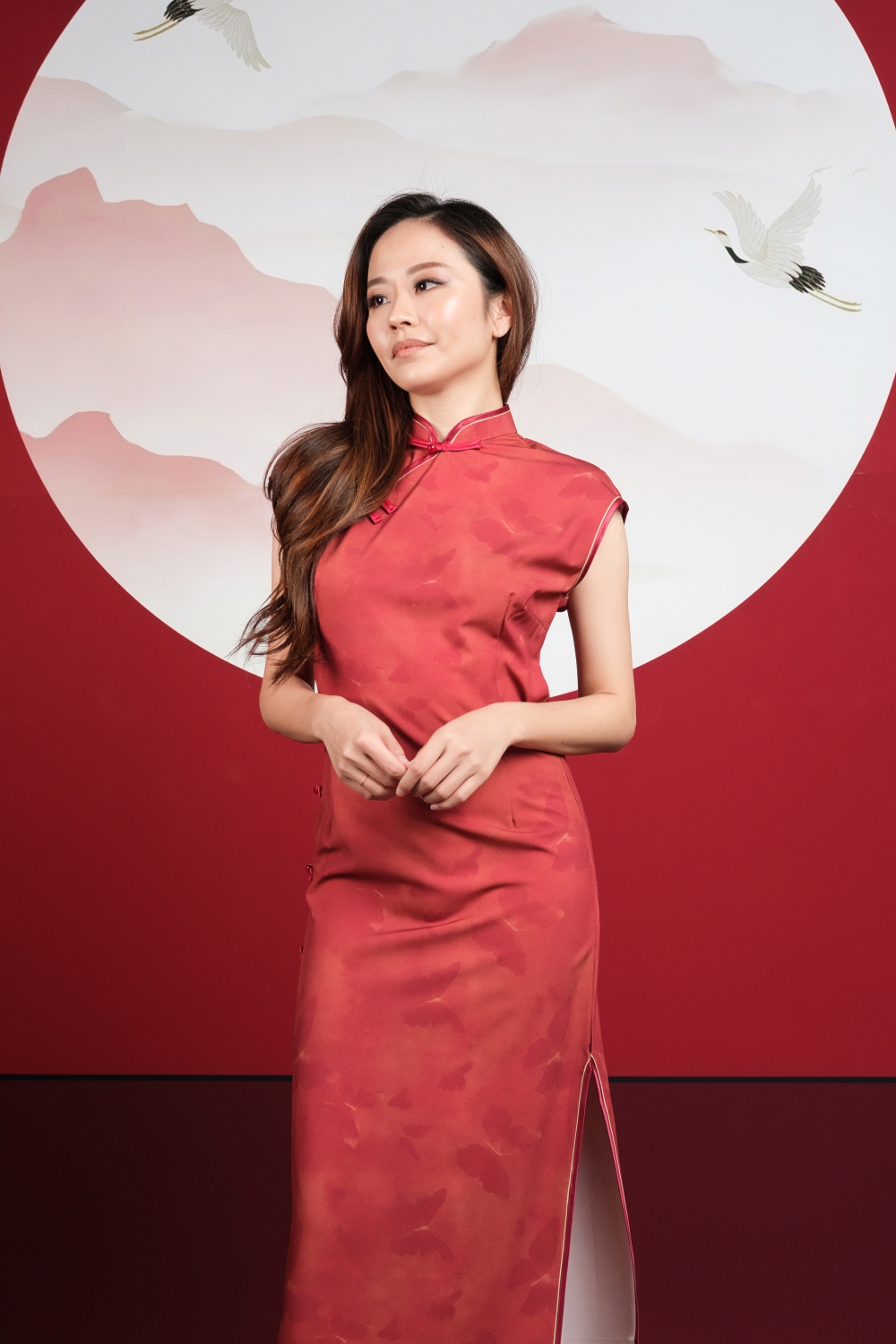 Crimson Butterfly Print Maxi Cheongsam - Image 7