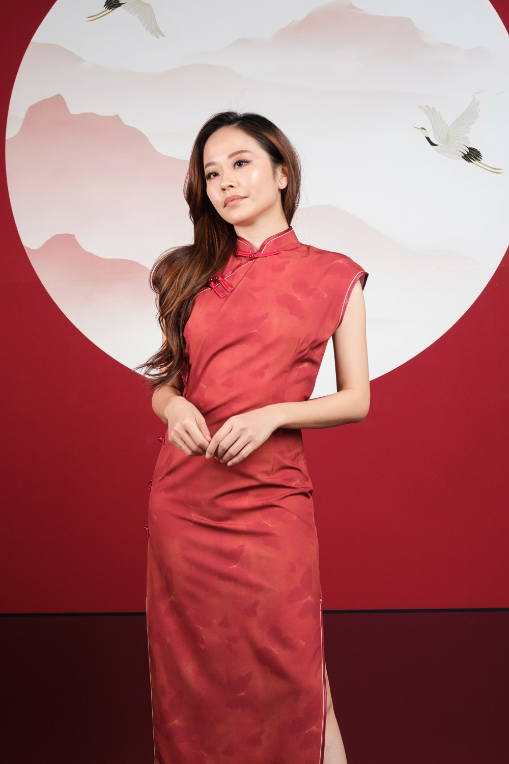 Crimson Butterfly Print Maxi Cheongsam - Image 8
