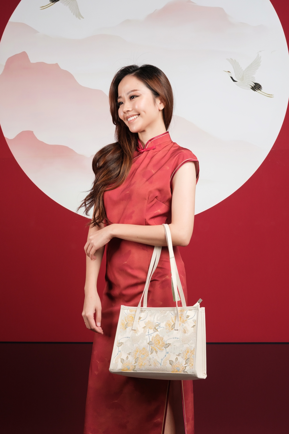 Crimson Butterfly Print Maxi Cheongsam - Image 9