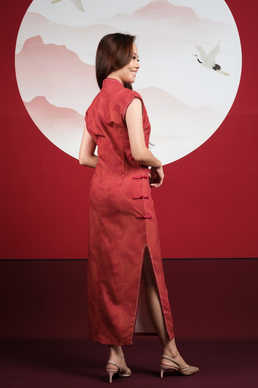 Crimson Butterfly Print Maxi Cheongsam - Image 12