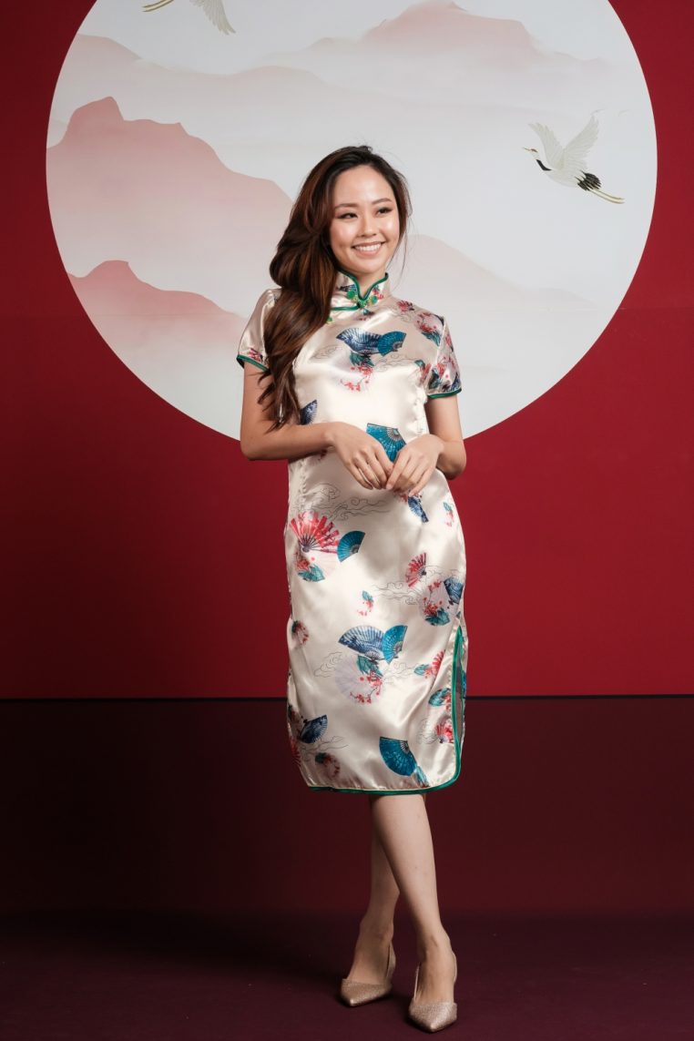 Fan Print Champagne Satin Midi Cheongsam - Image 4