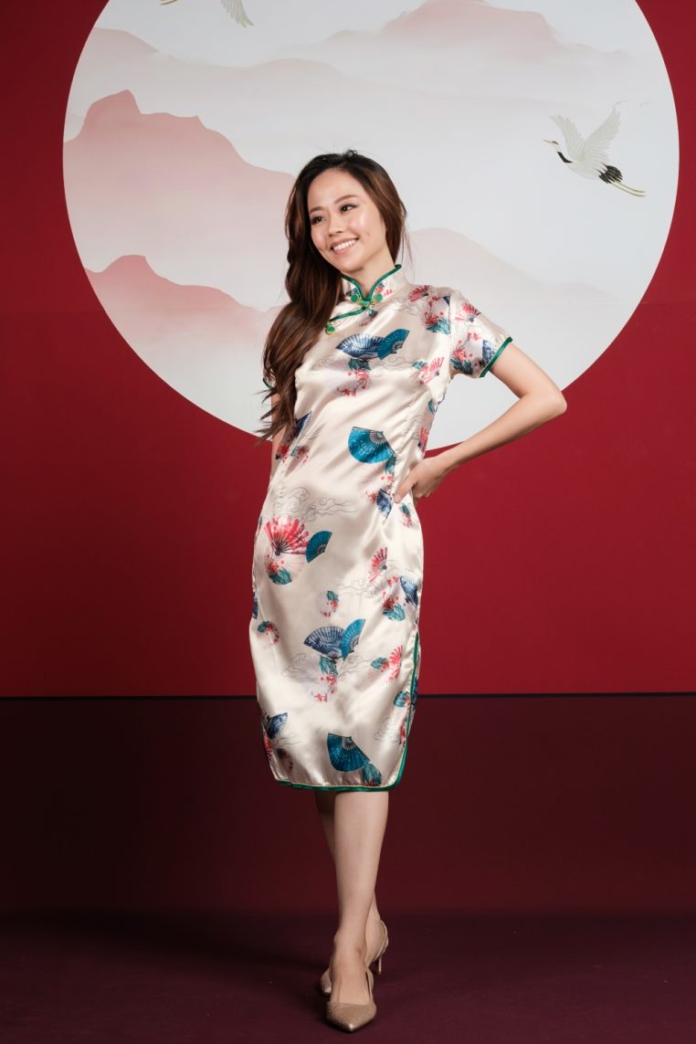 Fan Print Champagne Satin Midi Cheongsam - Image 5