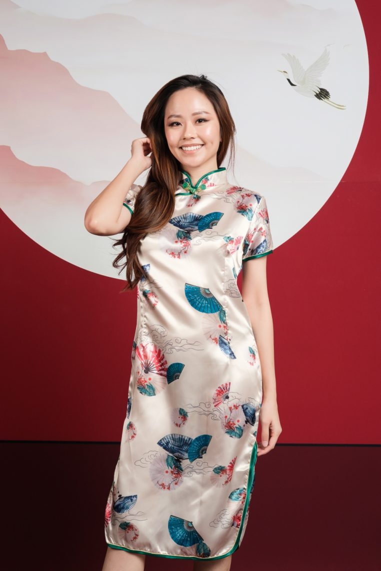 Fan Print Champagne Satin Midi Cheongsam - Image 6