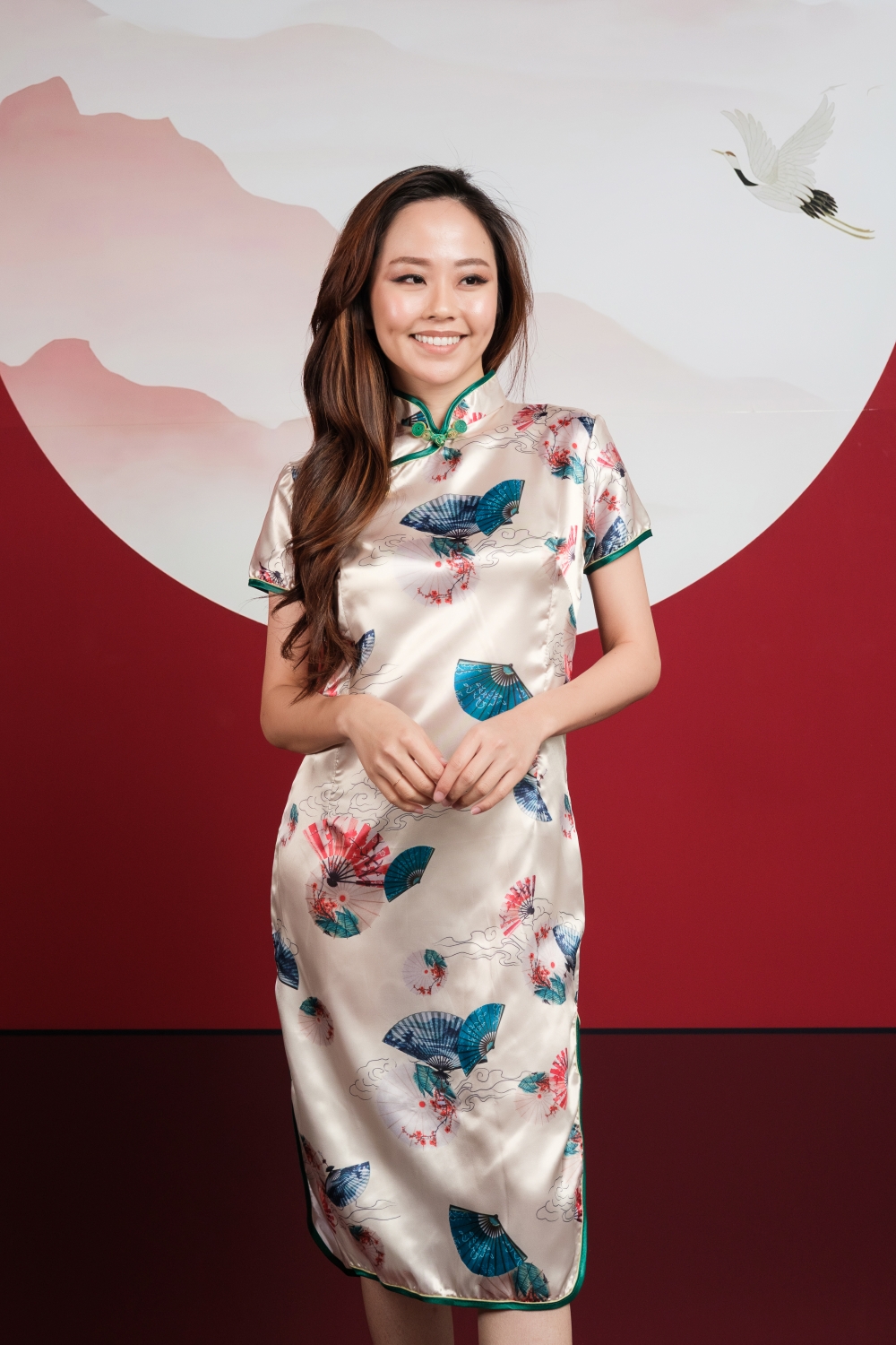 Fan Print Champagne Satin Midi Cheongsam - Image 7