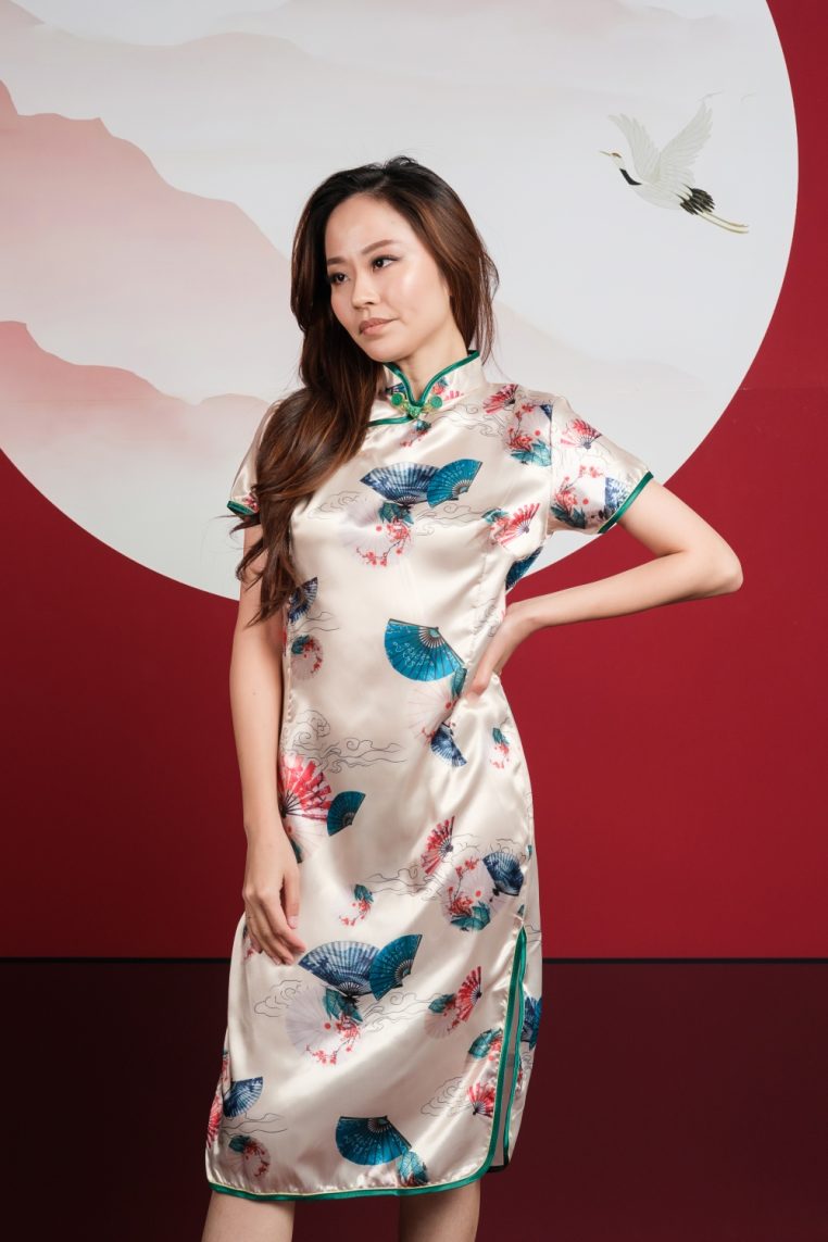 Fan Print Champagne Satin Midi Cheongsam - Image 8