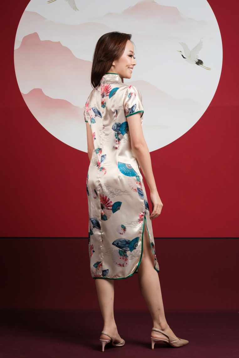 Fan Print Champagne Satin Midi Cheongsam - Image 9