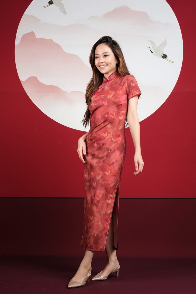 Maroon Butterfly Print Maxi Cheongsam