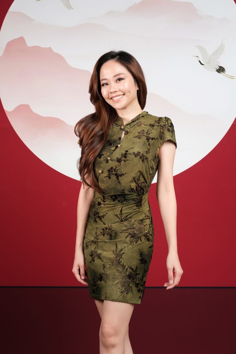 Velvet Embossed Bamboo Print Mini Cheongsam