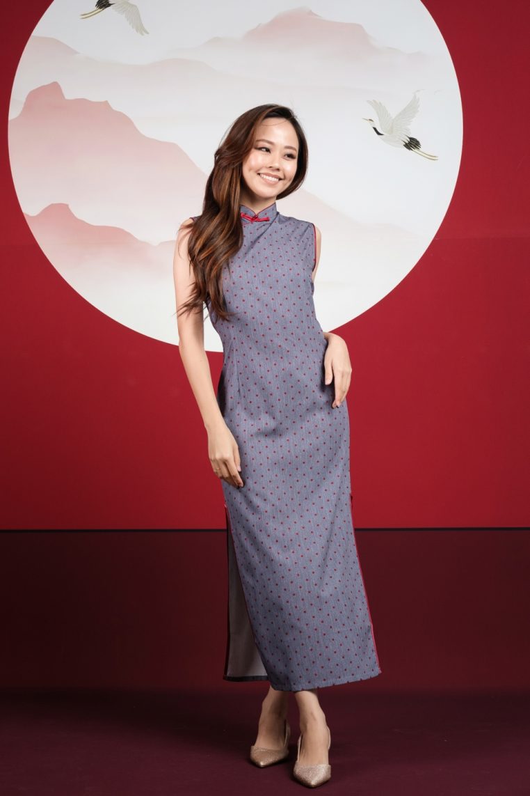 Polka Dot Print Maxi Cheongsam - Denim Blue