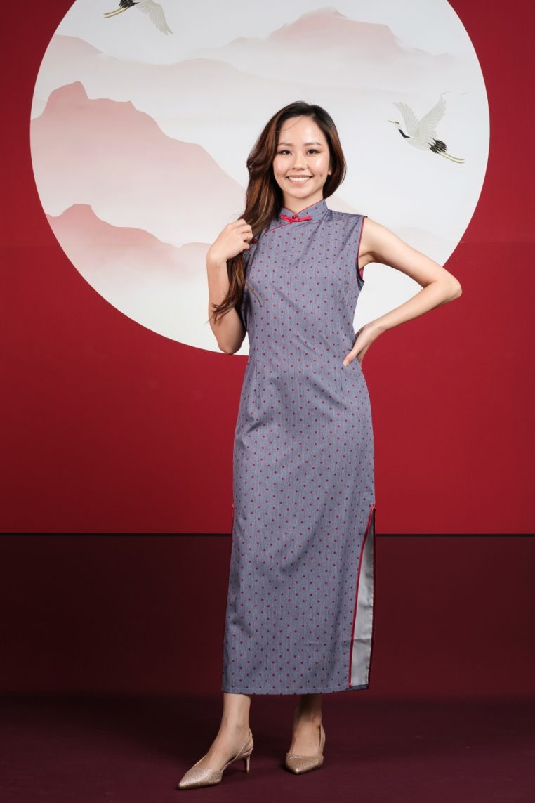 Polka Dot Print Maxi Cheongsam - Denim Blue - Image 6