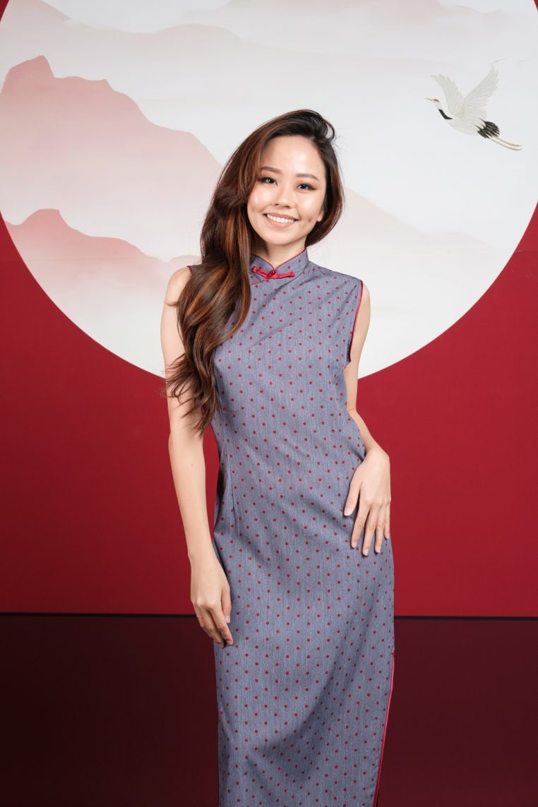 Polka Dot Print Maxi Cheongsam - Denim Blue - Image 9