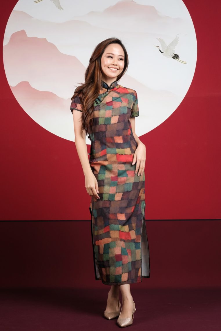 Multitone Checkered Print Maxi Cheongsam