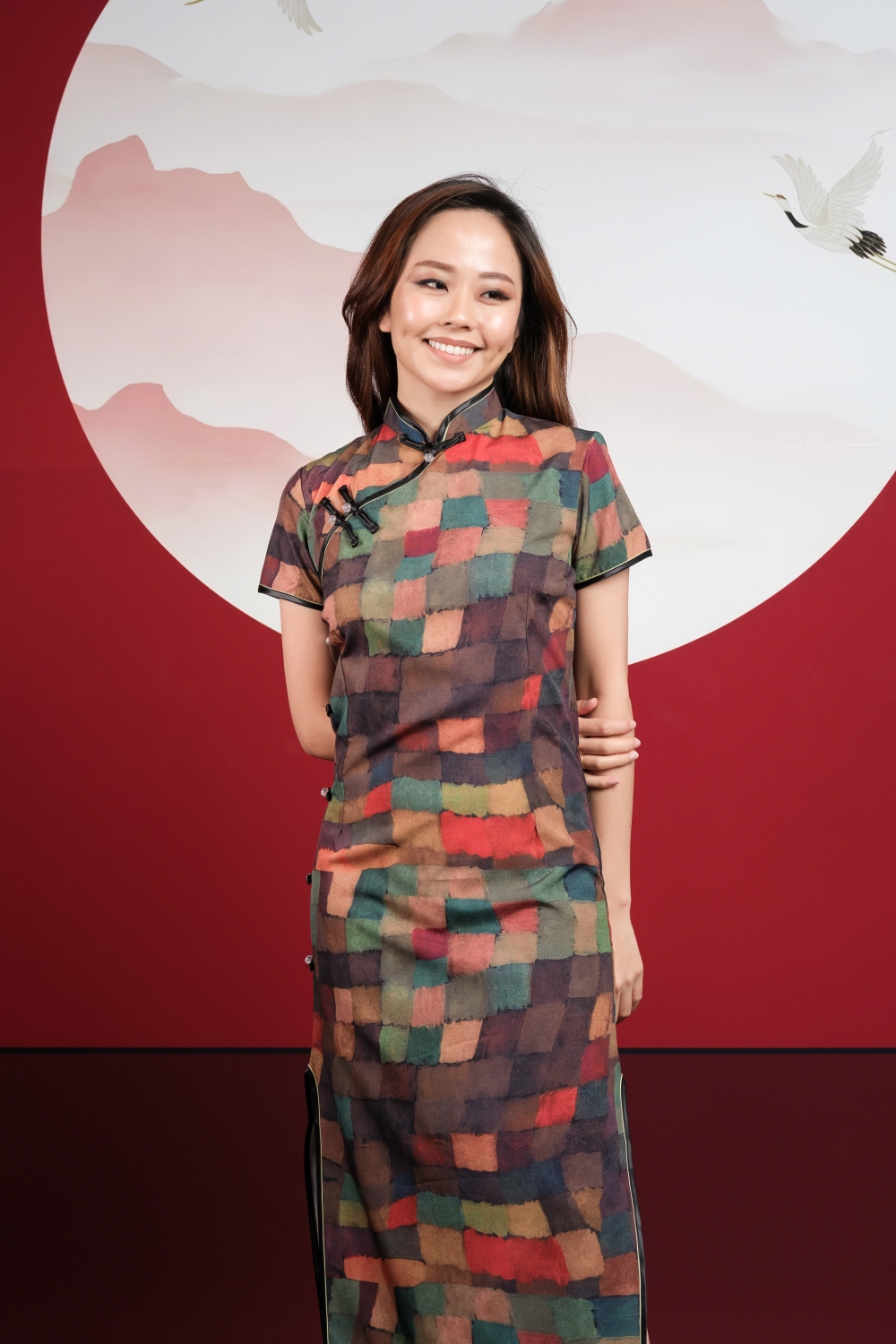 Multitone Checkered Print Maxi Cheongsam - Image 7