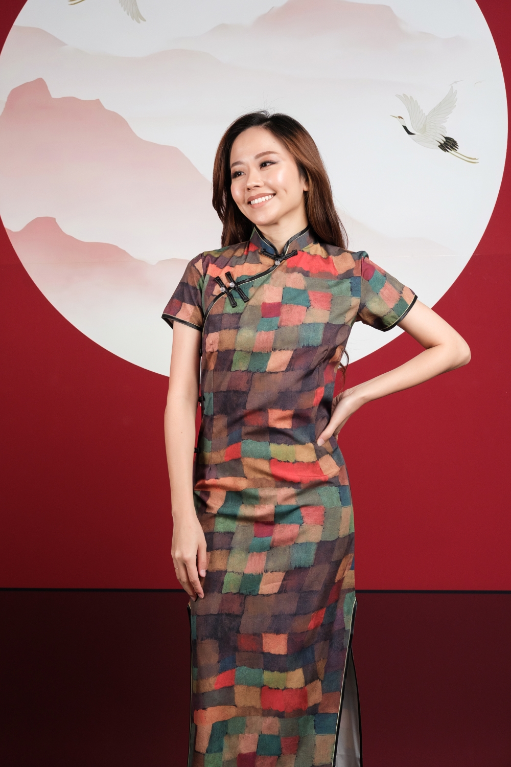 Multitone Checkered Print Maxi Cheongsam - Image 8