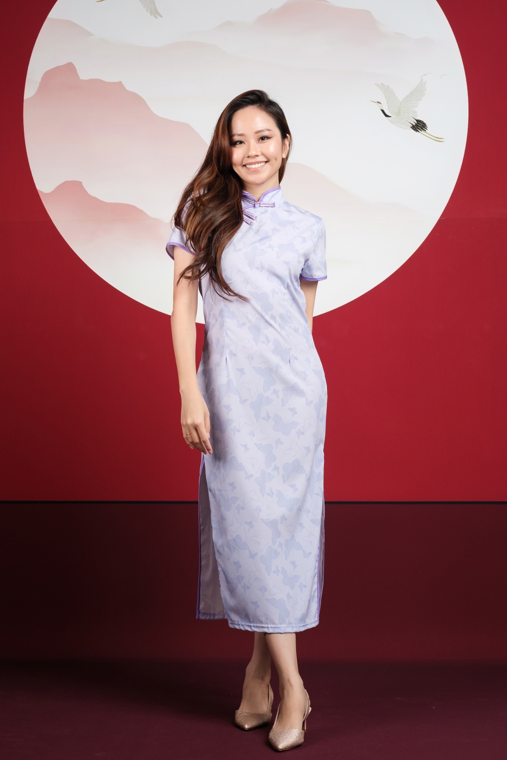 Lilac Butterfly Print Maxi Cheongsam - Image 3