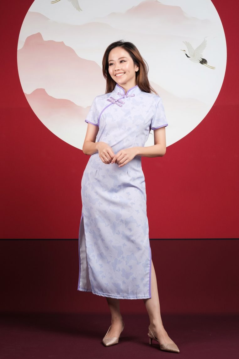 Lilac Butterfly Print Maxi Cheongsam