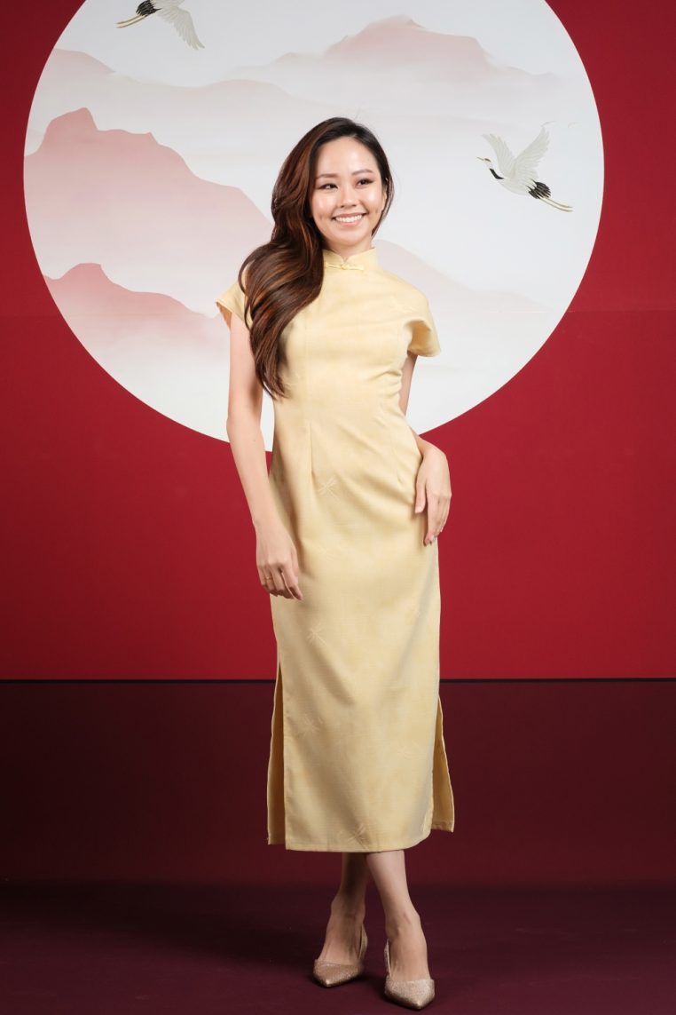 Dragonfly Embellished Cotton Maxi Cheongsam - Yellow