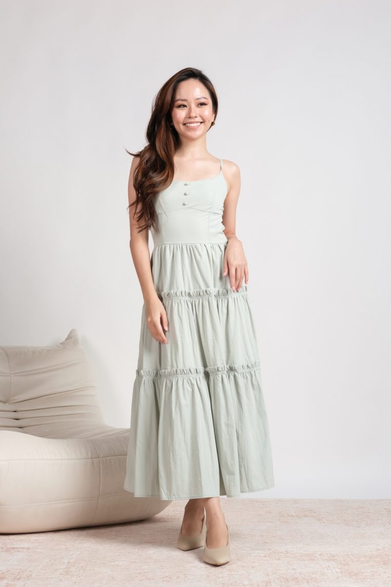 Button Tiered Maxi Dress - Sage