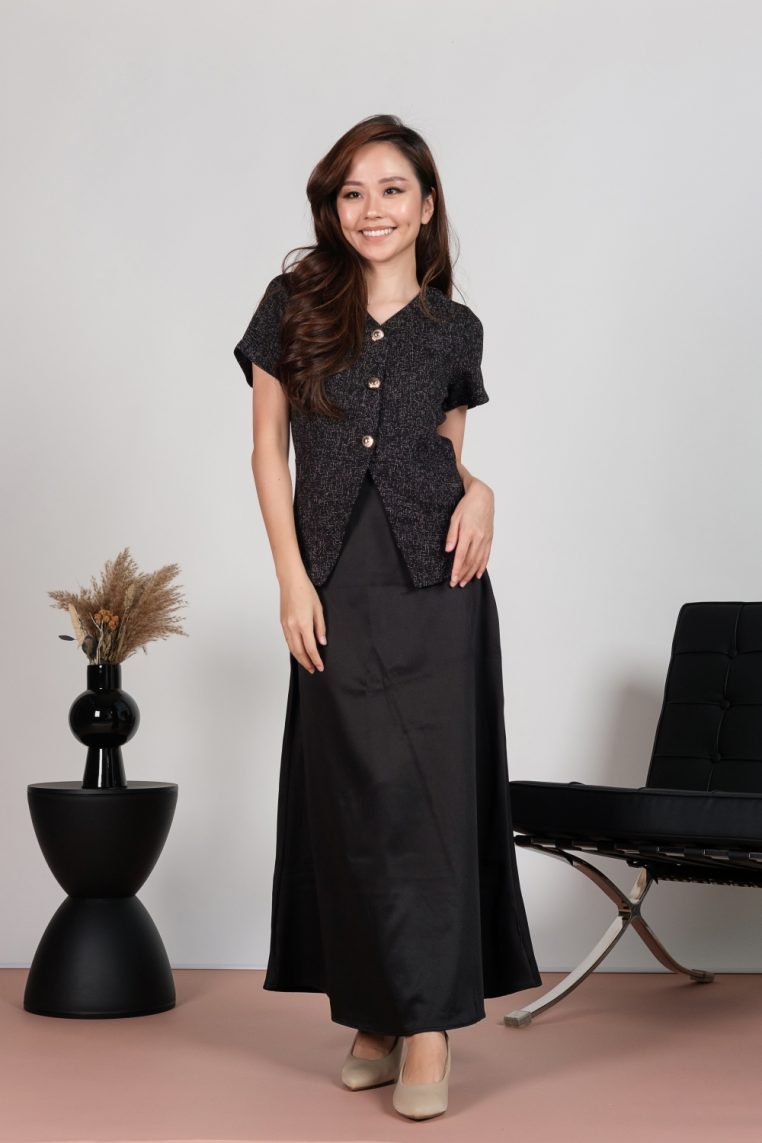 Tweed Short Sleeve Blouse and Maxi Skirt Co-ord Set - Black - Image 3