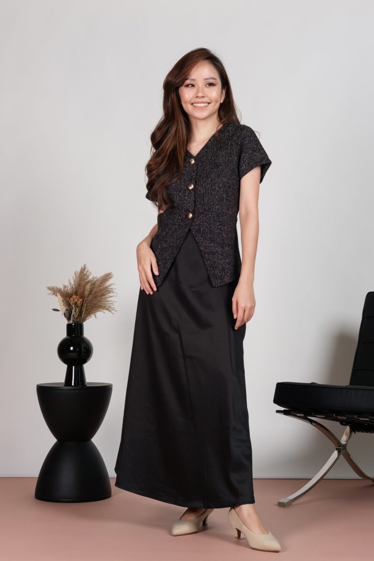 Tweed Short Sleeve Blouse and Maxi Skirt Co-ord Set - Black - Image 4