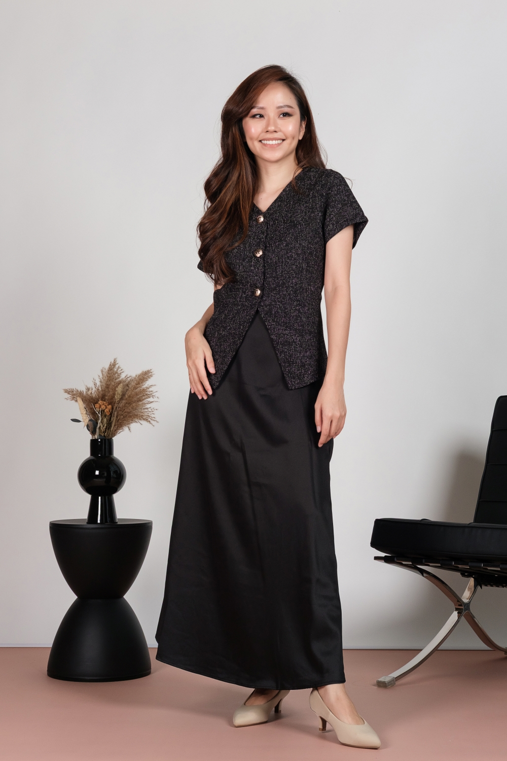 Tweed Short Sleeve Blouse and Maxi Skirt Co-ord Set - Black - Image 4