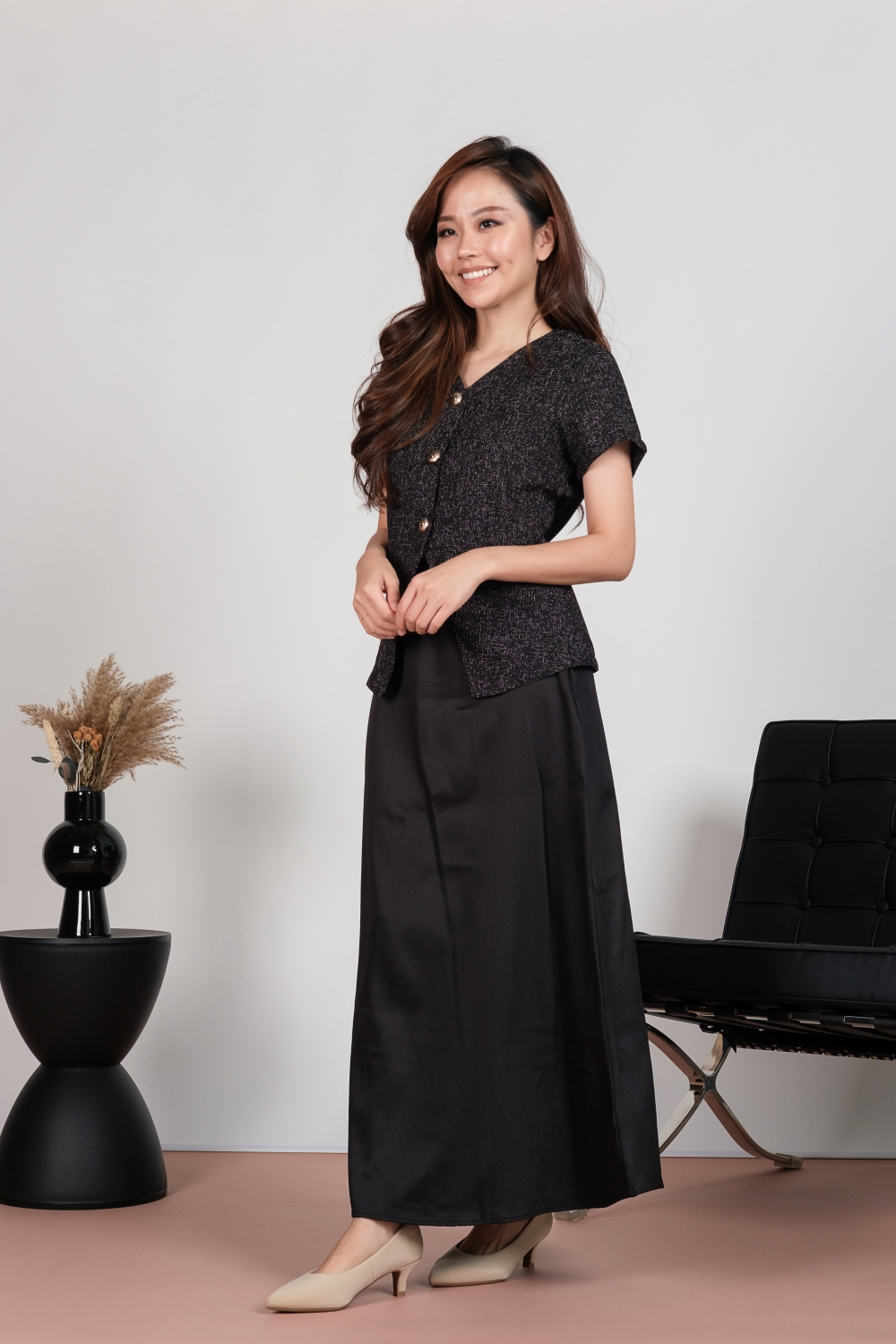 Tweed Short Sleeve Blouse and Maxi Skirt Co-ord Set - Black - Image 5