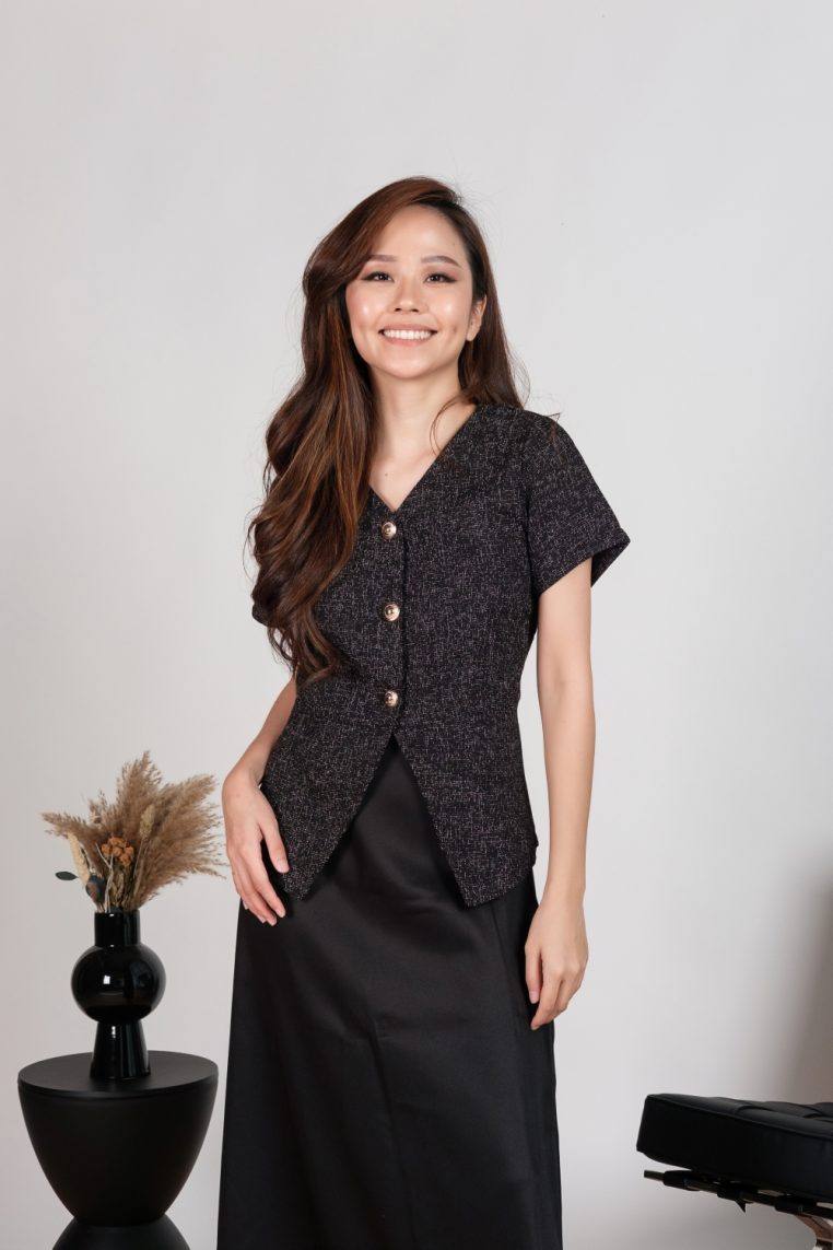 Tweed Short Sleeve Blouse and Maxi Skirt Co-ord Set - Black - Image 6