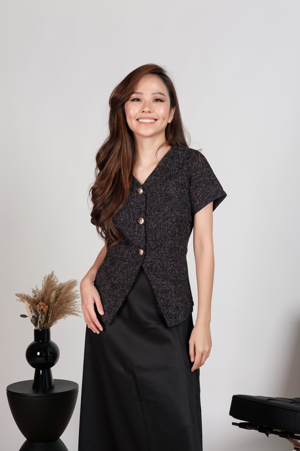 Tweed Short Sleeve Blouse and Maxi Skirt Co-ord Set - Black - Image 6