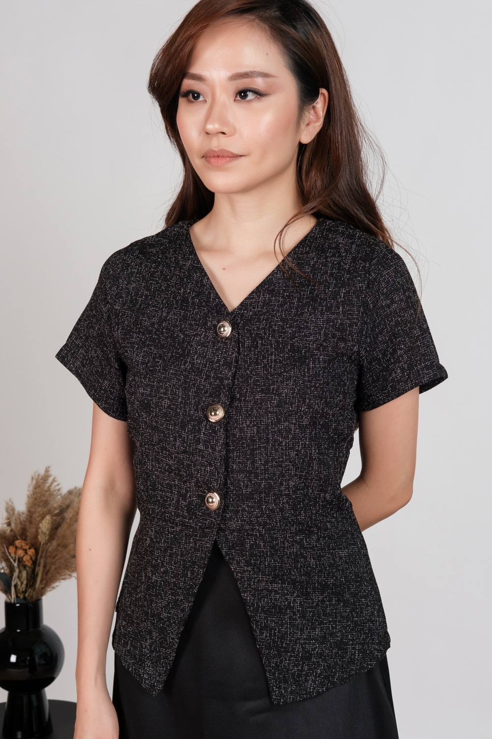 Tweed Short Sleeve Blouse and Maxi Skirt Co-ord Set - Black - Image 8